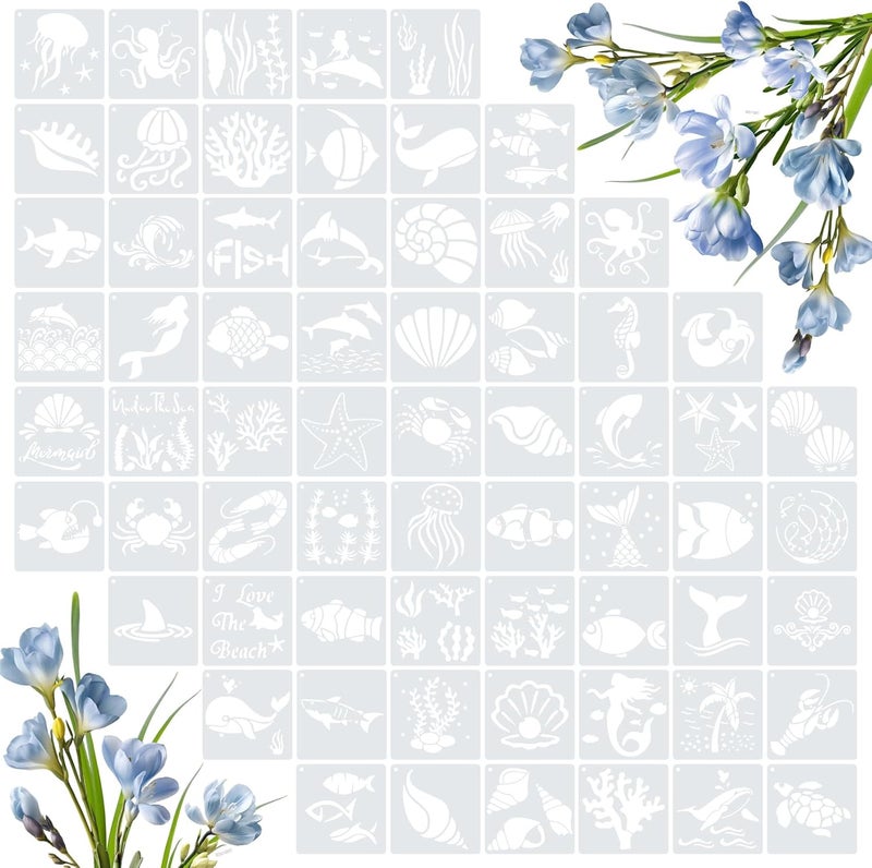 Amrules 65 Pcs Painting Stencils, Ocean Theme Drawing Templates Set for Crafts, Reusable DIY Art Stencil Sets for Wood, Walls, Cards, Fabrics, Rocks and Home Decoration, 4 x 4 Inch - Image 1